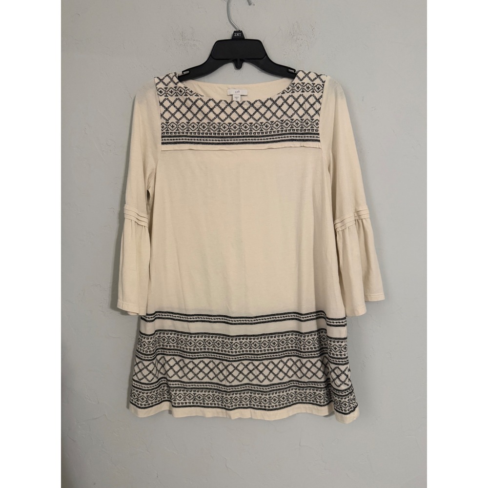 J Jill Womens XS Ivory Black Geometric Embroidered Bell Sleeve Tunic Top RN97641